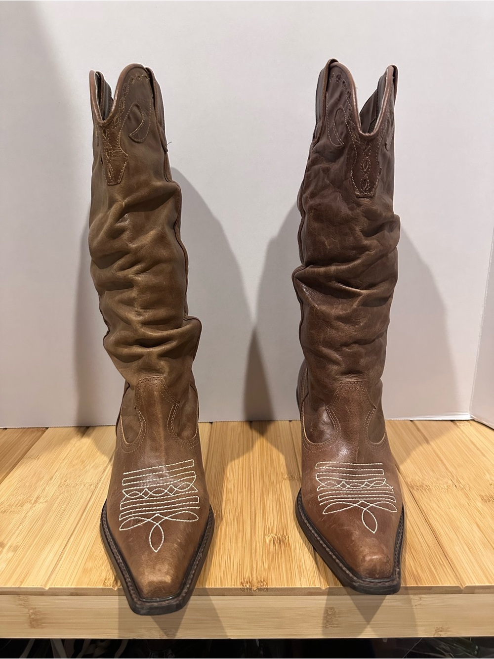 Steve Madden Brown Slouch Western Knee-High Boots, Genuine Leather, Stiching